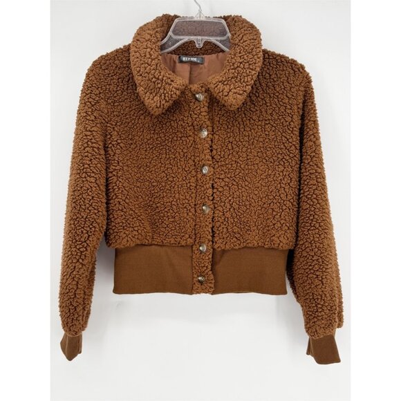 BTFBM Women's Button Down Sherpa Shacket Jacket LSV Faux Fur Teddy Bear S Brown - Picture 2 of 8